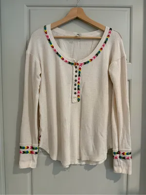 We The Free Cream Waffle Knit Top with Multicolor‎ Trim thumbnail 1