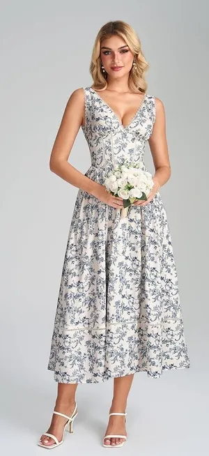 V Neck Floral Corset Midi Summer Wedding Guest Dress thumbnail 1