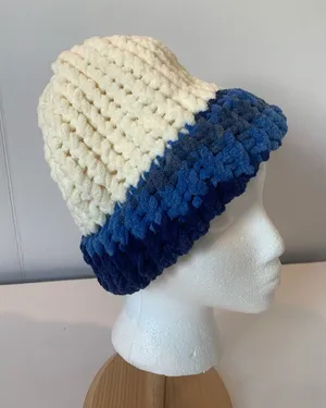 Handmade Unisex Men’s Chunky Hand Knit Winter Hat Off White with Blue Trim thumbnail 1