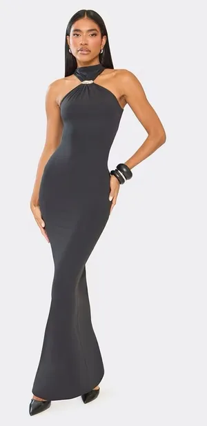 Ego High Neck Trim Detail Fitted Maxi Dress In Black Size 4 thumbnail 1
