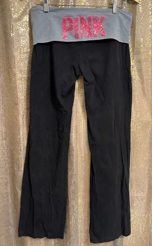 Vintage PINK Victorias Secret Gray Pink Sequin Bling Foldover Flare Pants Large thumbnail 1