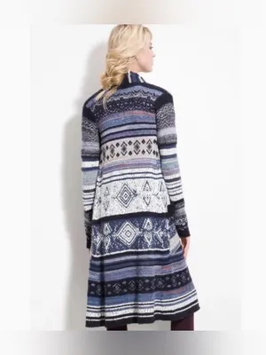 Free People Open-Front Knit Duster Cardigan Sweater Blue Multi boho bohemian XS thumbnail 2