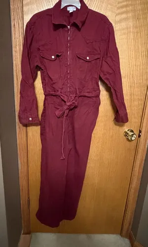 Women's Burgundy denim Jumpsuit size medium cropped length thumbnail 1