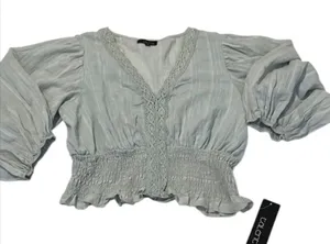 NWT talent size 1X light green puff sleeve lace detail elastic waist crop top thumbnail 1