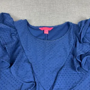Lilly Pulitzer Dress Womens Medium Blue Polka Dot Ruffle 3/4 Sleeve Shift Knit thumbnail 2