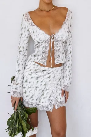 House of CB Noemie Floral Lace Trim Satin Skirt thumbnail 1