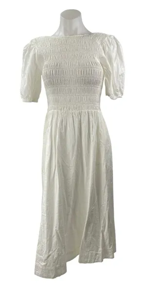 Lucy Paris White Puff Sleeve Smocked Scoop Open Back A Line Midi Dress Size S thumbnail 1