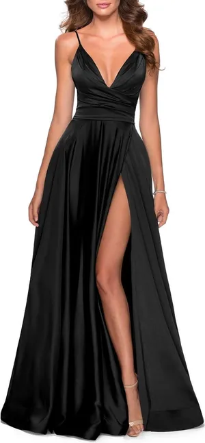 La Femme Black Long Satin Prom Gown Dress with Side Slit Full Skirt Size 0 NWT thumbnail 1