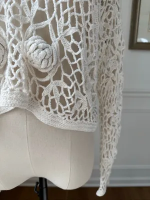 Vintage 90s Y2K One Step Up Ivory Open Knit Crochet Long Sleeve Crop Top OSFM thumbnail 3