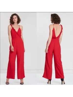 Keepsake The Label Cherry Red Forget You Ruffle Wide Leg Jumpsuit XS Party thumbnail 7