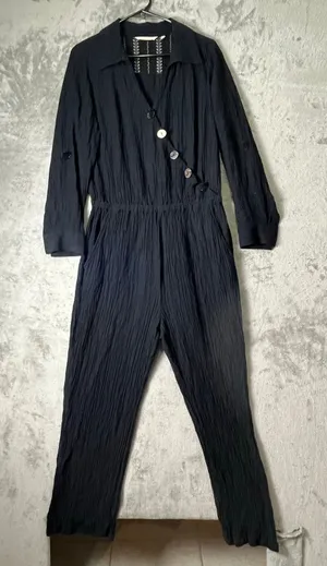 Soft Surroundings Black Crinkle Button Front Jumpsuit Boho Artsy Lagenlook MP thumbnail 1