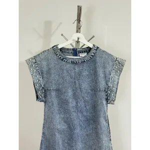 Vintage LALA FACTORY Acid Wash Pearl Beaded Sleeve Denim Mini Shift Dress Size S thumbnail 4