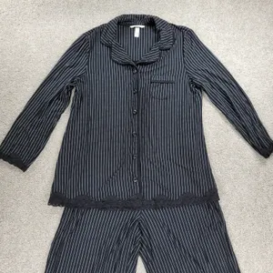 Soma Cool Collection Night Pajama Set S/M Black Stripes Lace Trim Crop Button Up thumbnail 13