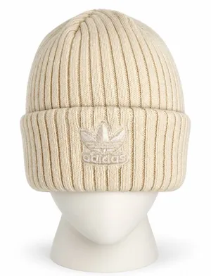 Adidas OS Beanie Cream Ribbed Knit Iridescent Trefoil Logo Winter Hat Streetwear thumbnail 1