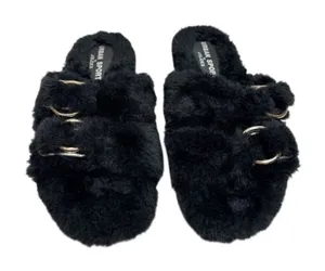 Urban Sports by J/Slides Slippers‎ Size 7 Black Faux Fur Slip On Winter Shoes thumbnail 1