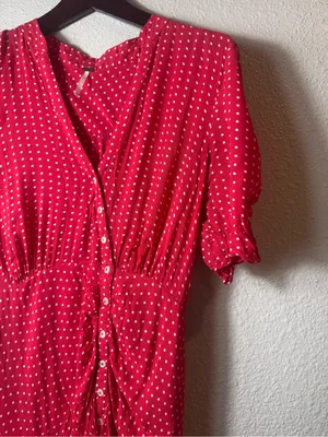 Free People Pippa Red Polka Dot Ruched Button Front Mini Dress Size M‎ thumbnail 6