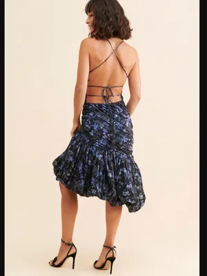 Let Me Be Blue Printed Asymmetrical Ruched Polyester Midi Dress Sz XS Boho Chic thumbnail 13