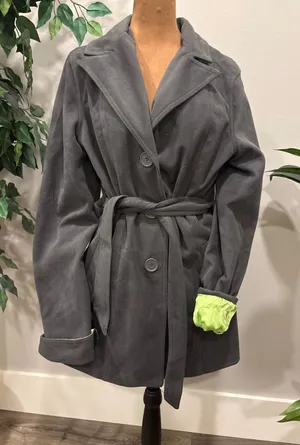 Indigo Saints Women's Gray Belted‎ Fleece Coat L lime Green satin like lining thumbnail 1