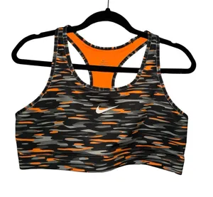 Nike Women's Dri-FIT Sports Bra - Black, Gray, and Orange Camo-Print thumbnail 1