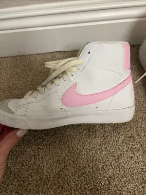 Nike Women's White High-Top Sneakers with Pink Swoosh and Light Green Tongue thumbnail 2