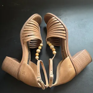 Lucky Brand Womens Chunky Leather Brown Beaded Block Heel Sandals sz 7.5 Strappy thumbnail 2
