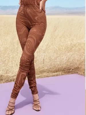House of CB Violet Cocoa Swirl Brown Mesh Leggings High Rise Large thumbnail 2