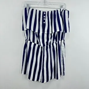 Lulus Striped Strapless Romper Women's Size L Blue White Ruffle Layered‎ Casual thumbnail 3