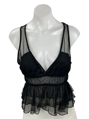 Zara Women's Black Sleeveless Mesh Ruffle Tiered Peplum Tank Blouse Top Size S thumbnail 1