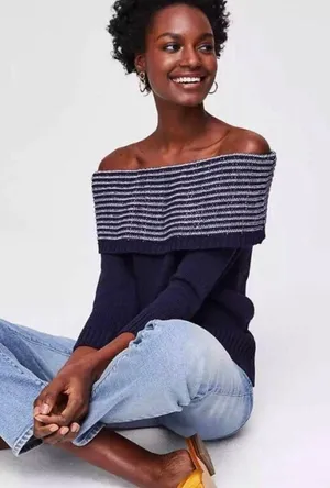 Loft Ann Taylor Sweater Off the Shoulder X-Large XL Navy Blue Cotton Nautical thumbnail 1