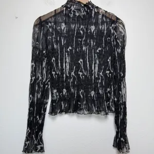Free‎ People Women Whimsigoth Nylon Mesh Top Large Black Abstract Smocked Party thumbnail 8