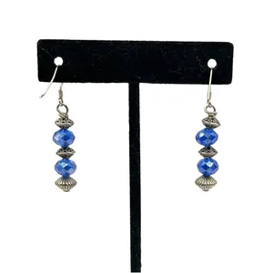Handmade 925 Sterling‎ Silver Hook Bead Drop Earrings Blue Saphire Glass Crystal thumbnail 2