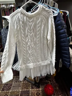 Minsure Fashion Women White Cable Knit Sweater with Pleated Chiffon Hem thumbnail 2