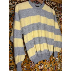 90s VTG Oversized Butter Yellow Striped Ribbed Crewneck Cotton Knit Sweater sz L thumbnail 3