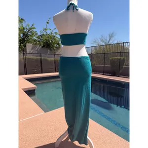 Peacock Green Maxi Dress Womens S Halter Twist Front Cutout Beach Resort Cruise thumbnail 4