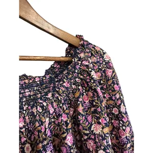 Old Navy Floral Blouse Top Women's Medium‎ Smocked Neck Puff Sleeve Pink thumbnail 4