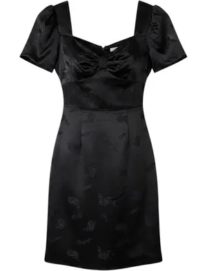 Vintage Whimsigoth Black Floral Jacquard Midi Dress Sweetheart Bow Flutter Sl thumbnail 1