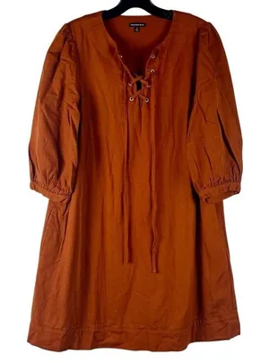 Who What Wear Burnt Orange Linen Blend Lace-Up Neckline Puff Sleeve Dress Small thumbnail 1
