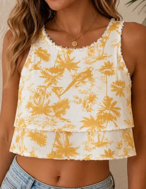 Le Lis Tropical Crop Tank Top Islandcore Parrot Palm Tiered Boxy Resort‎ Medium thumbnail 1