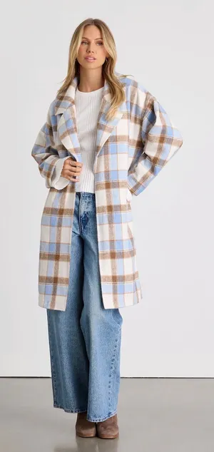 Lulus Light blue plaid long coat thumbnail 1