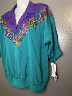 Vintage Season The Ticket Blouse Womens Large Jade Paisley Made USA 80s thumbnail 3