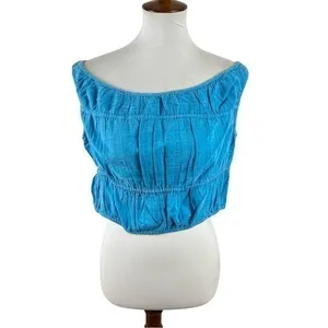 NWT American Eagle Blue Gauze Boho Cropped Smocked Top Size L thumbnail 2