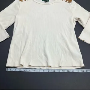 Lauren Ralph‎ Lauren Ribbed Top Cream Brown Faux Suede Patch Medium Western FLAW thumbnail 8