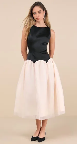 Lulus Satin Bodice Tulle Skirt Drop Waist Colorblock Midi Dress thumbnail 1