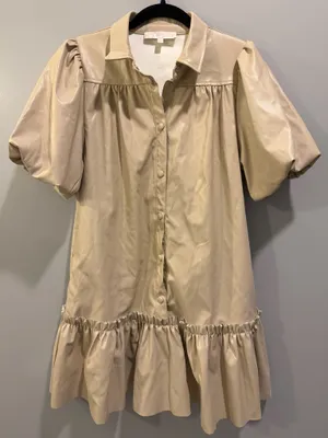 Karlie Puff Sleeve Button Front Collared Faux Leather Dress Beige thumbnail 1