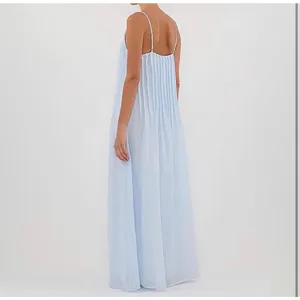 NEW Blue Cotton Pleated Spaghetti Strap Vacation Maxi Dress M thumbnail 2