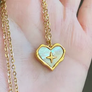 Handmade gold tone stainless steel heart sparkle white shell necklace🐚⭐️🌀 thumbnail 5