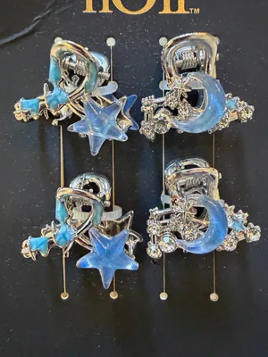 NWT nOir Set of 4 Mini Hair Claw Clips Moon Star Rhinestone Silver Blue thumbnail 2