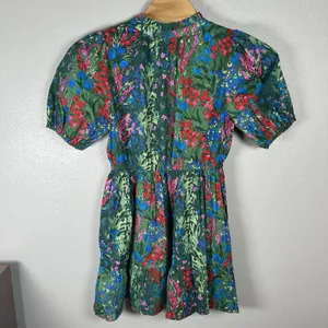 NEW Sugarlips Green Red Floral A-Line Dress Size Large Puff Sleeve V-Neck Cotton thumbnail 3