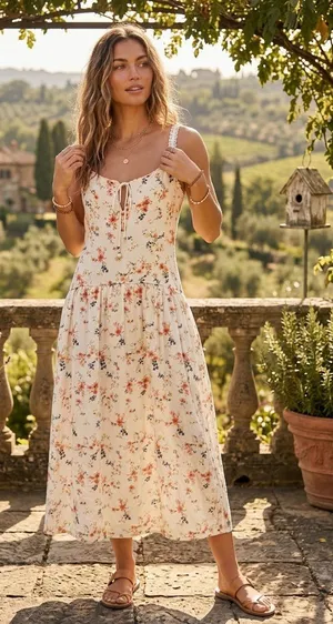 Caroline Constas Cream Floral Tie-Front Midi Dress Cottage Core Feminine Dress thumbnail 1