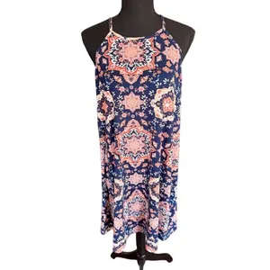 French Grey Sleeveless Medallion Swing Dress Navy Coral – Size L thumbnail 2